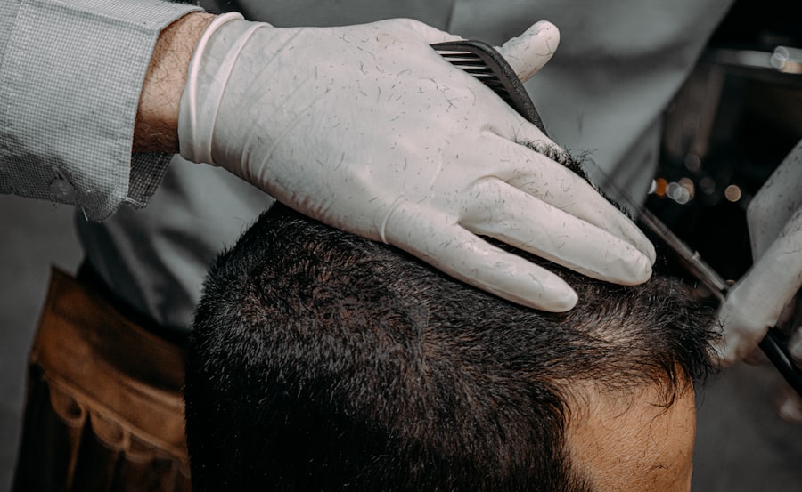 Specialist examining scalp and hair during a consultation
